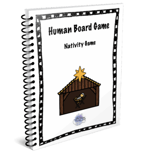 A colorful Homeschool Resource Co. nativity board game spiral notebook cover with festive design and child-friendly illustration, perfect for homeschooling Christmas activities and religious education.