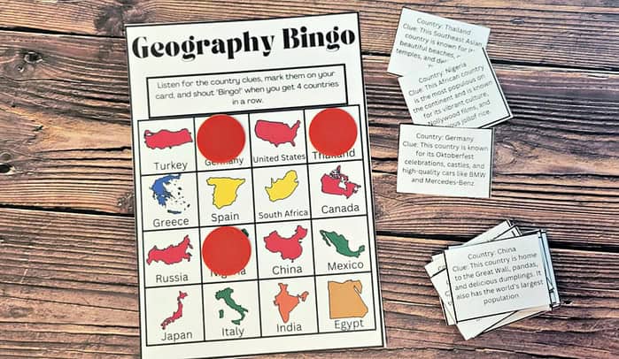 layout1 - Copy Turkey, Germany, United States, Thailand map matching the country clues for homeschool geography bingo game.