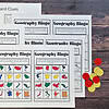 layout2 Bingo cards featuring geography themes with country clues, map outlines, and colorful country shapes, designed for engaging homeschool geography activities and learning about world countries.