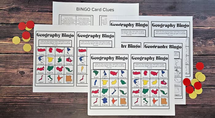 layout2 Bingo cards featuring geography themes with country clues, map outlines, and colorful country shapes, designed for engaging homeschool geography activities and learning about world countries.