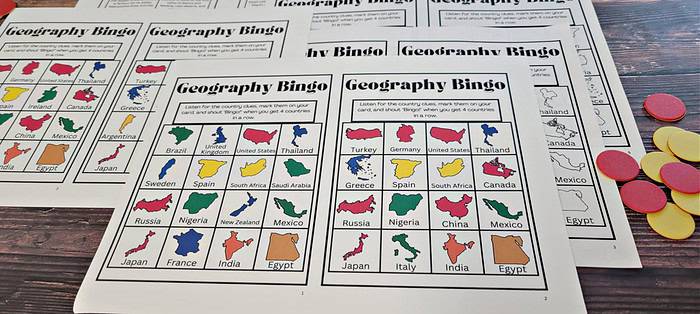 layout3 - Copy Geography bingo game sheets with country outlines and colorful country shapes for homeschooling and educational activities.