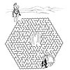 maze 1. Labyrinth maze puzzle featuring a cowboy, horses, waterfall, and trees, ideal for homeschool educational activities and outdoor learning resources.