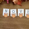 november-banner-pumpkin-printable-2 Colorful fall-themed felt leaves, perfect for autumn crafts and classroom decorations, arranged near educational flashcards spelling "NOV" with pumpkins and leaves.