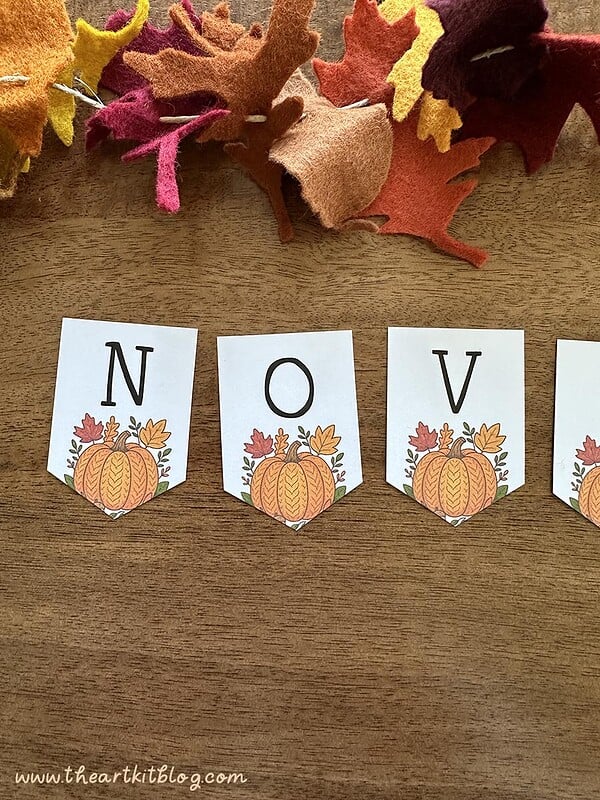 november-banner-pumpkin-printable-3 Colorful autumn felt leaves for homeschool crafts and activities, perfect for fall themed learning, sensory play, and seasonal educational projects. Stress-free fall craft ideas for homeschooling families.