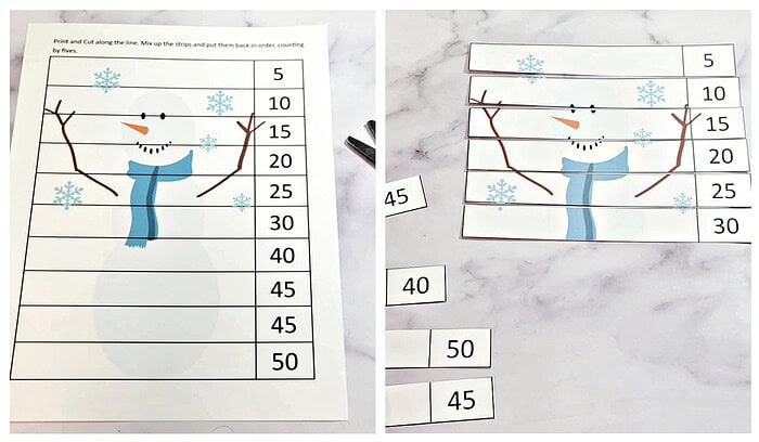 number sequencing snowman - Copy Print and cut snowman-themed math activity worksheet with numbered strips for counting and sequencing, ideal for homeschool preschool and kindergarten.