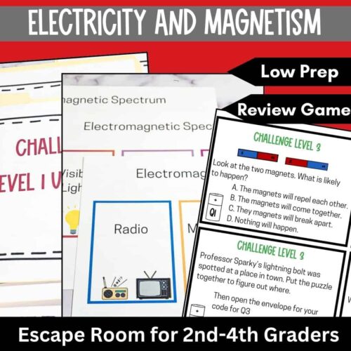 Electromagnetism homeschool science activities, low prep review game for 2nd to 4th graders, fun educational electricity and magnetism challenge for elementary students.