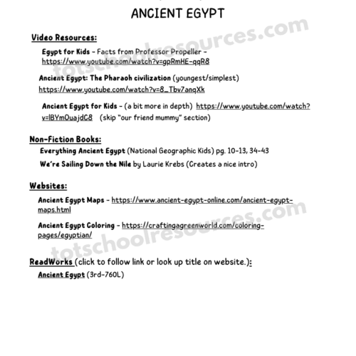 Egypt history educational resources, videos, books, and maps for homeschooling about ancient Egypt and the Pharaoh civilization.