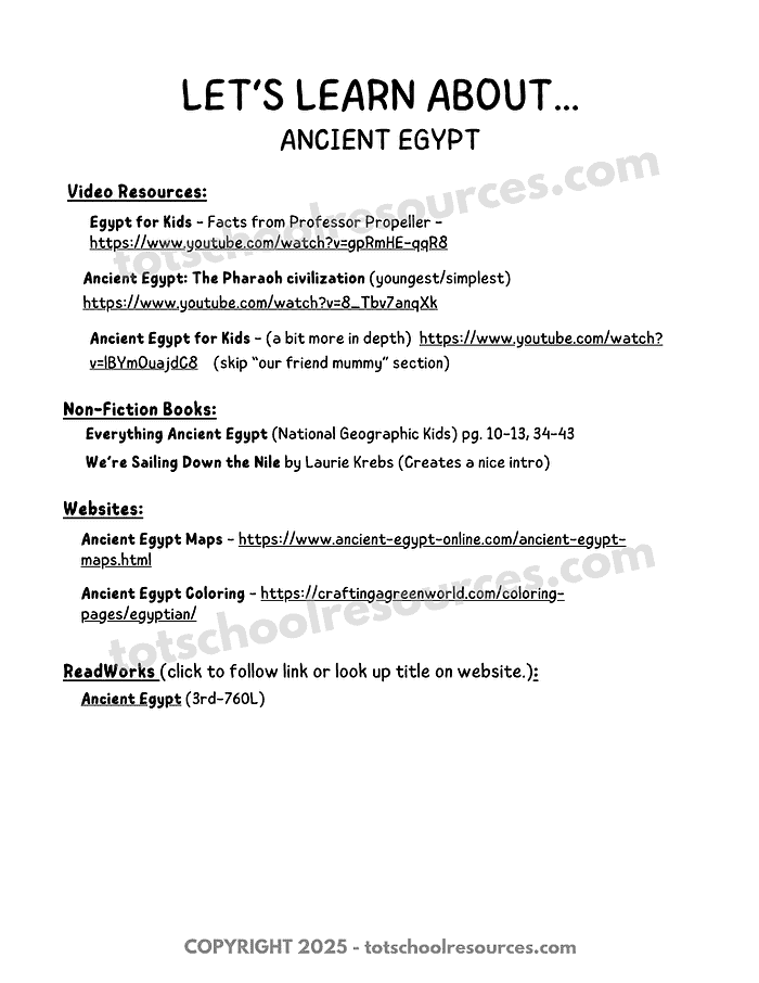 Egypt history educational resources, videos, books, and maps for homeschooling about ancient Egypt and the Pharaoh civilization.