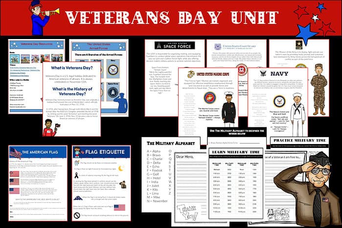 veterans day flat layout - Copy Veterans Day educational resource for homeschooling, including history, military alphabet, flag etiquette, and veteran appreciation activities for homeschooling families.