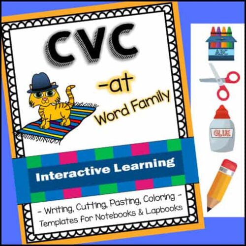 CVC at Word Family interactive learning activity with writing, cutting, pasting, coloring, and templates for notebooks and lapbooks, ideal for homeschooling and early literacy education.