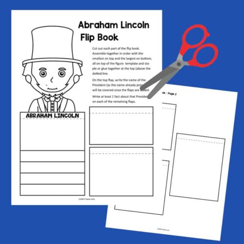 Abraham Lincoln flip book printable for homeschool history activities, featuring coloring pages, fact sheets, and engaging lesson plans for students learning about U.S. presidents.