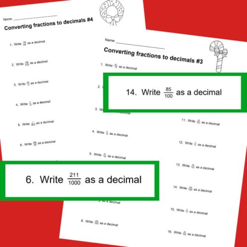 Fraction to decimal conversion worksheet, homeschool math resource, homeschooling math activity, fractions to decimals practice, Homeschool Resource Co. educational printable.