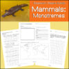 Reptile in water with a research activity sheet on mammals monotrems for homeschooling, focusing on science, biology, and animal classification.
