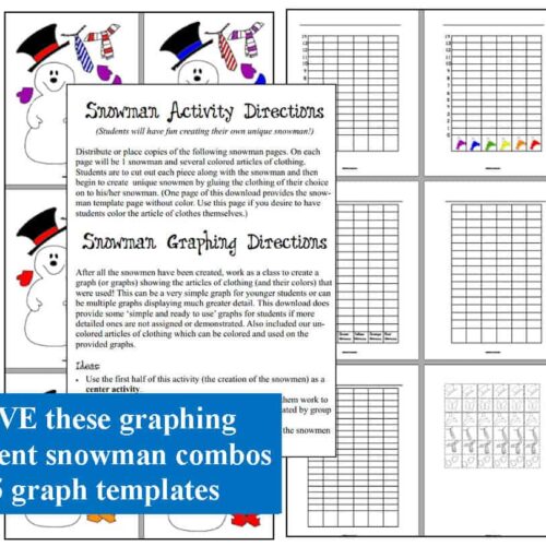 Snowman Graphing activity for homeschool students in 2nd-3rd grade, includes printable snowman coloring sheets, graph templates, and activity instructions for fun winter math lessons.