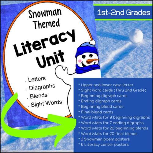 Snowman-themed literacy unit for 1st-2nd grade homeschool reading and writing activities, including letters, digraphs, blends, and sight words, with engaging printables and posters.