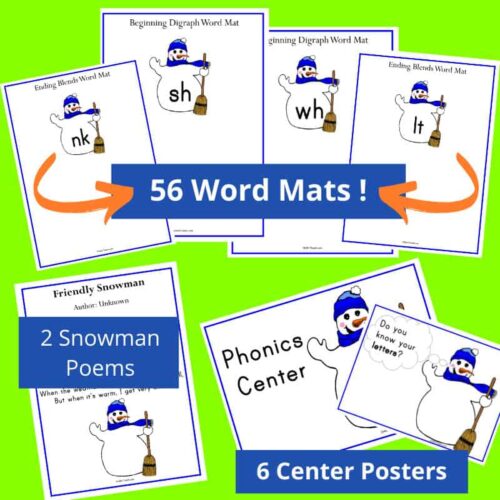 Bright snowman-themed word mats and phonics center posters for homeschooling, perfect for teaching beginning sounds, ending blends, and phonics skills. Ideal for early literacy development.