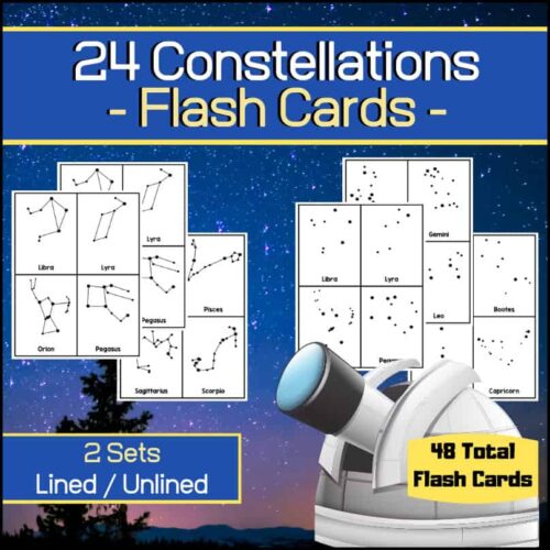 Constellation flash cards for homeschooling, includes 24 constellations with lined and unlined options for educational star and zodiac learning.