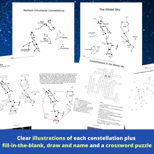 Northern Circumpolar Constellations star maps for homeschool astronomy, including Winter Sky charts, crossword puzzles, and constellation activities for easy learning and engagement.