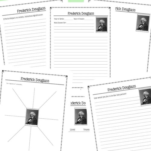 Frederick Douglass biography worksheet for homeschooling, includes space for birth and death year, impact, and personal reflections; ideal for homeschool history lessons.
