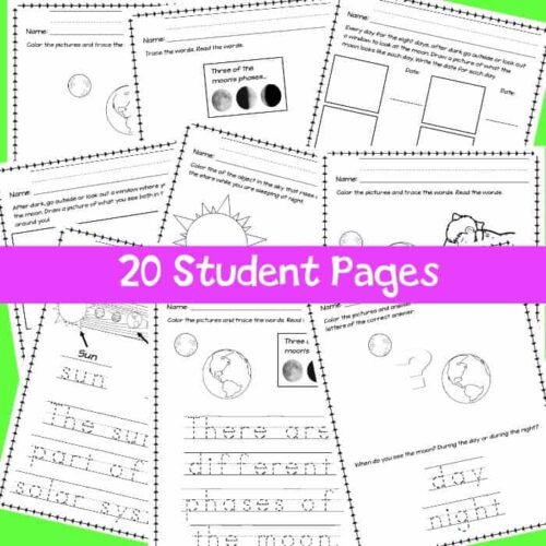 Sun moon stars worksheet pack for homeschool, early learning, and preschool education, perfect for engaging students in moon phases, learning activities, and literacy skills.