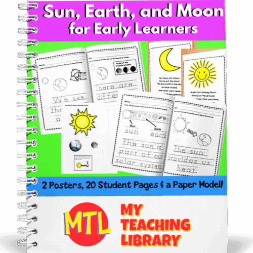 z-305-Sun-Earth-Moon-Early-Learning-cover.png Sun, Earth, and Moon early learning educational activity pages for young children, featuring mini posters and tracing exercises about celestial bodies for homeschool science curriculum.