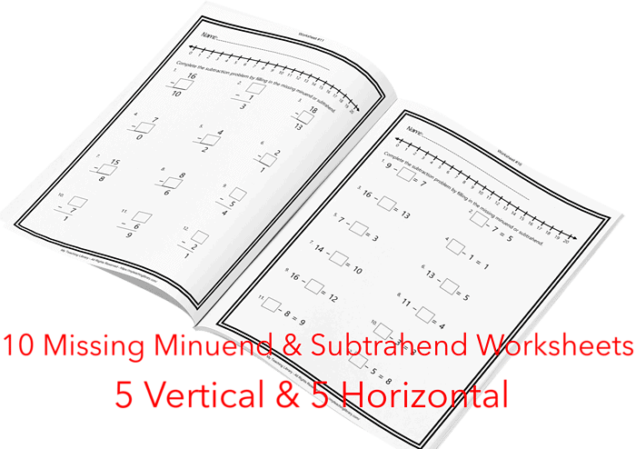 z-340-1st-Grade-Addition-Subtraction-2.png Missing minue and subtrahend worksheets for homeschool math practice with vertical and horizontal problems, ideal for homeschooling resources.