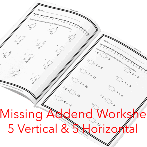 Worksheet with missing addition problems for homeschool math practice, featuring vertical and horizontal questions for kids.
