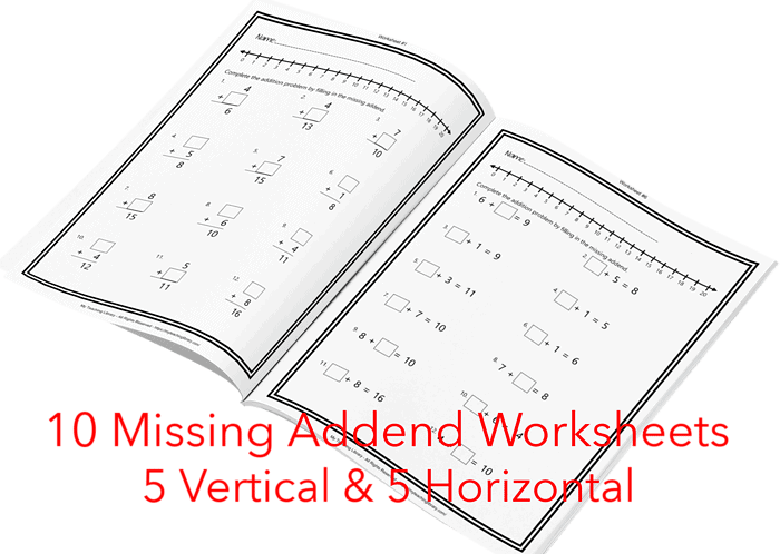 z-340-1st-Grade-Addition-Subtraction.png Worksheet with missing addition problems for homeschool math practice, featuring vertical and horizontal questions for kids.