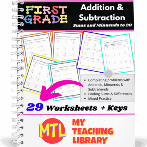 Addition and subtraction worksheets for first grade, focusing on sums and minuends up to 20, includes 29 worksheets with keys, perfect for homeschooling math practice.