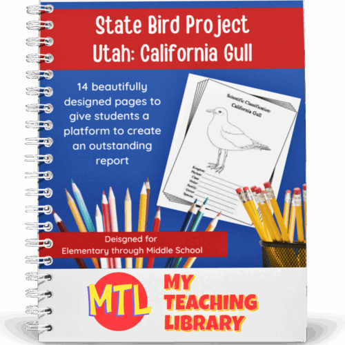 z-468-Utah-California-Gull-cover.png State bird project printable pages for homeschool, featuring a California gull report template and colorful school supplies.