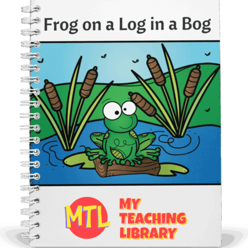 z-472-Frog-on-a-Log-in-a-Bog.png Frog on a log in a pond, educational coloring activity for homeschooling, with a frog sitting on a log surrounded by cattails, part of homeschool resources.