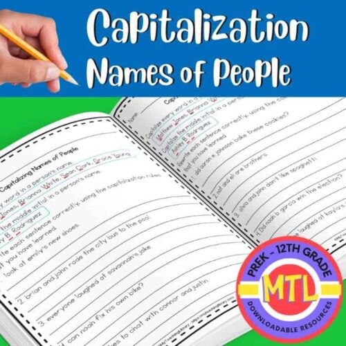 Capitalization of Names of People, homeschool resource, preschool to 12th grade, printable worksheet for teaching proper nouns, engaging activity for homeschool learning, educational resource for language arts, effective homeschool curriculum material.