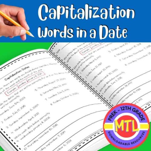 Dates of capitalization rules worksheet, homeschool resource, preschool to 12th grade, downloadable printable, language arts, grammar, writing skills, homeschool curriculum, educational resources, digital download.