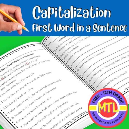 Capitalize first words in a sentence homeschool printable, kindergarten to 12th grade educational resource for early learners to teens for effective English grammar practice.