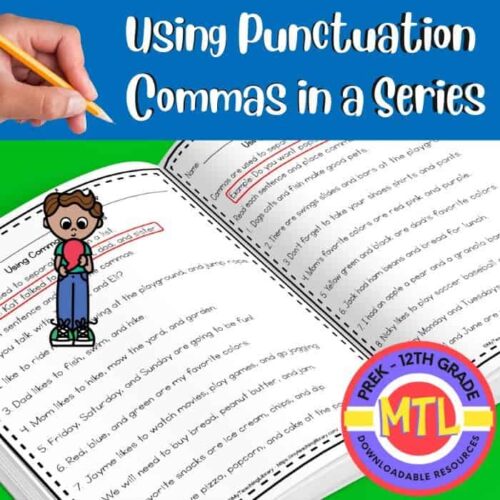z-488-Commas-in-a-Series-Cover.jpg Punctuation commas printable activity for preschool to 12th grade, homeschool resource, educational worksheet on using commas in a series, suitable for homeschool learning, language arts practice, downloadable PDF.