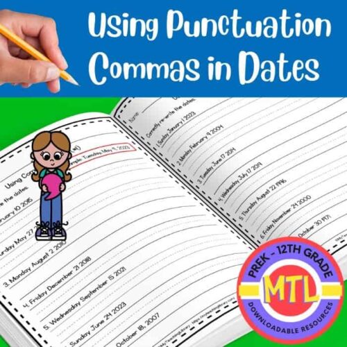 Punctuation commas in dates educational resource for homeschool preschool to 12th grade, printable homeschool planner, teaching punctuation in dates, homeschool organization tool, homeschool resources for grade-specific curriculum.
