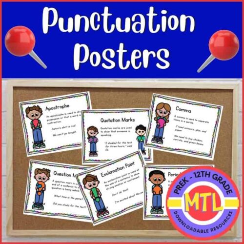 Punctuation posters for homeschooling, including apostrophe, quotation marks, comma, question mark, exclamation point, and period, ideal for preschool to 12th grade language arts instruction.