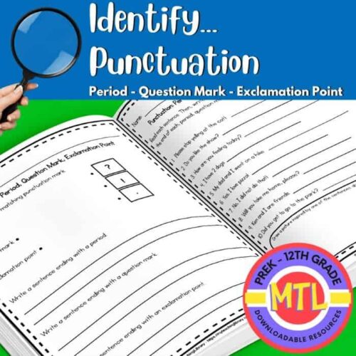 Identify punctuation practice worksheet with activities for teaching period, question mark, exclamation point to preschool through 12th grade students.