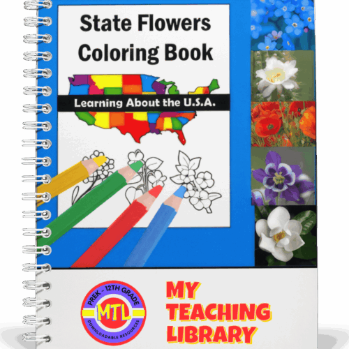 z-494-State-Flowers-Coloring-Book.png State flowers coloring book for homeschool resources, educational activity for preschool to 12th grade students learning about U.S. state flowers with coloring pages and visual aids.