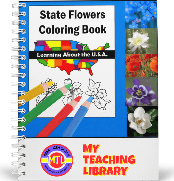 z-494-State-Flowers-Coloring-Book.png State flowers coloring book for homeschool resources, educational activity for preschool to 12th grade students learning about U.S. state flowers with coloring pages and visual aids.