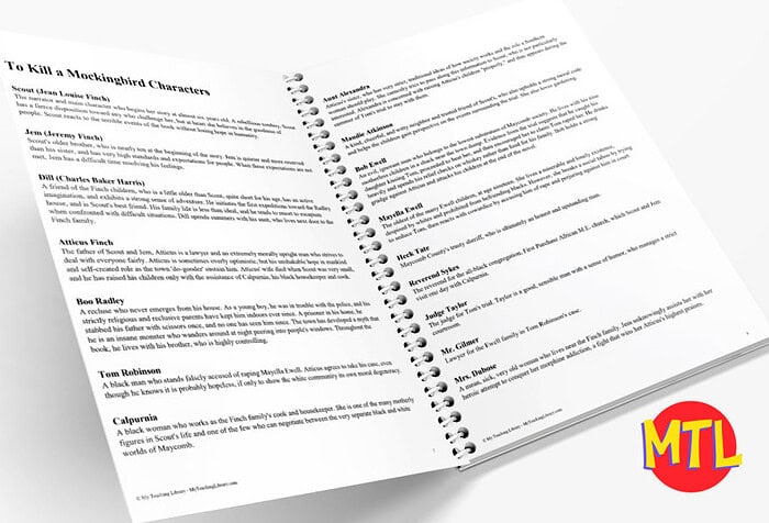 Homeschool resource co, printable literature guide for teaching Mockingbird characters, ideal for homeschoolers, parents, and teachers seeking engaging character analysis activities.