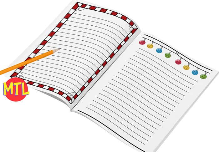 zy436-Christmas-Writing-Stationary-2020-c.jpg Home school planner notebook with holiday lights border, open pages for lesson planning and notes, ideal for homeschool resources and organization.