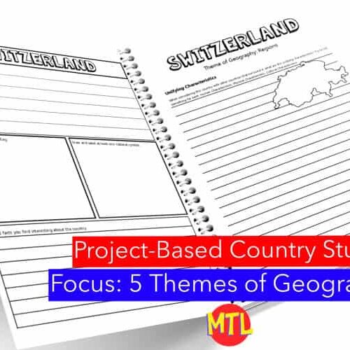 Switzerland geography worksheet, country study resource, homeschool geography activity, project-based learning, 5 themes of geography for homeschooling.