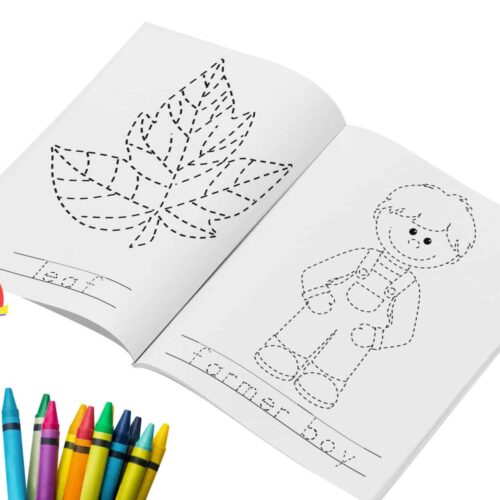 Coloring book pages with dashed line illustrations of a leaf and a child, perfect for homeschool learning activities. Includes markers for engaging creative and educational homeschool lessons.