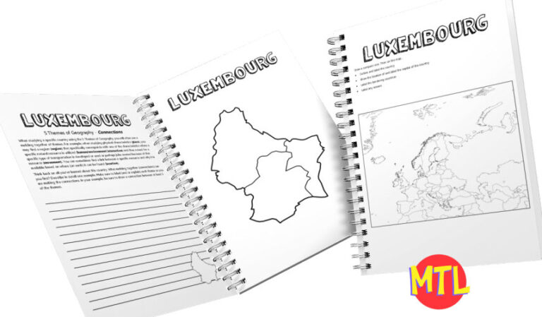 zy452-Luxembourg-5-themes-of-geography-notebooking-country-d.jpg Luxembourg geography workbook pages featuring country map, outline, and world map for homeschooling and educational activities.