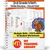 zy474-November-Math-Skills-Review-3rd-Grade-a.jpg 3. Clear image of a 3rd Grade Math Skills Review workbook cover featuring multiple student worksheets, Turkey illustration, and colorful design for homeschool classroom use.