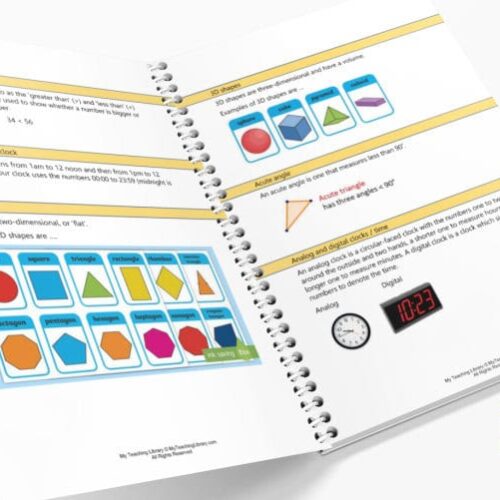 2. Colorful educational workbook page featuring 3D shapes, time-telling clocks, and math symbols for homeschool learning, ideal for early childhood education and homeschooling resources.