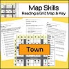 zz-377-Map-Skills-town.jpg Map skills reading a grid map and key educational worksheet for kids with a town map and icons, ideal for homeschool geography lessons.