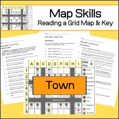 Map skills reading a grid map and key educational worksheet for kids with a town map and icons, ideal for homeschool geography lessons.