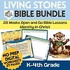 Living Stones Bundle Cover Living Stones Bible Bundle cover image for a K–4th grade Christian homeschool curriculum featuring 28 weeks of open-and-go Bible lessons on identity in Christ; includes a “No Prep Digital Worksheets – 377 Pages!” badge, sample colorful worksheet pages with treasure and scripture themes, and a friendly cartoon animal character standing next to a chest of jewels.